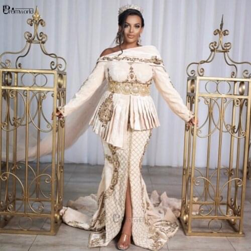 Moroccan Kaftan Formal Dress Mermaid Ivory Velvet Evening Dresses Long Sleeves Gold Lace Beaded Robe De Soiree Prom Gowns 2021