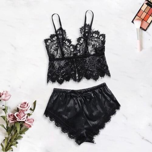 Women Underwear Bow Lace Hot Sex Fashion Temptation Satin Sexy NightDress Suit Lingerie Porno Babydoll Erotic Sleepwear