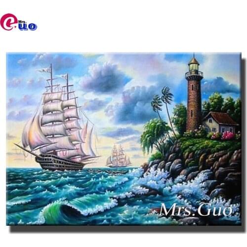 Needlework Diamond Painting Full Display Coast Lighthouse Sailboat Diamond Embroidery Rhinestone Mosaic Picture Landscape Decor