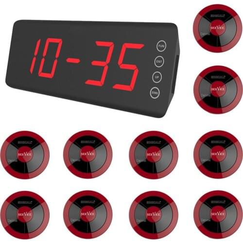 SINGCALL Wireless Calling System Restaurant Service Calling for Pub, Cafe, Pack of 10 Two-Button Red Pagers and 1 Fixed Receiver