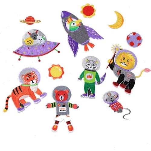 Space Universe Animal Patch for Clothing Iron on Embroidered Applique Cute Tiger Cat Alien Fabric Badge DIY Apparel Accessories