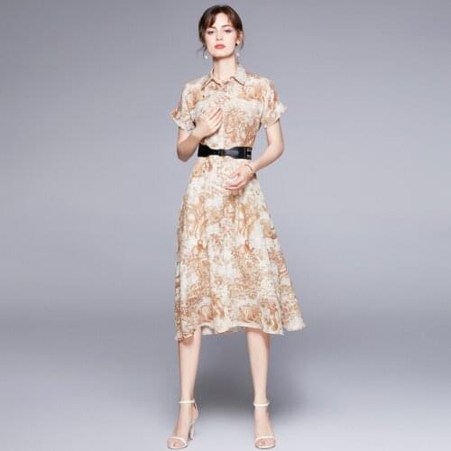 Summer Runway Fashion Midi Party Dress Lady Turn Down Collar Vintage Print Belted Mid Calf Length Dress k5120