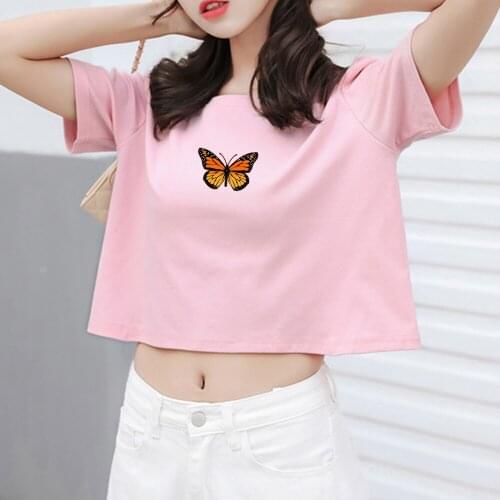 Hot Sale Summer Butterfly T Shirt Female Itself White Crop Tops Women Solid Basic Tees Women Aesthetic Casual T-shirts Girl