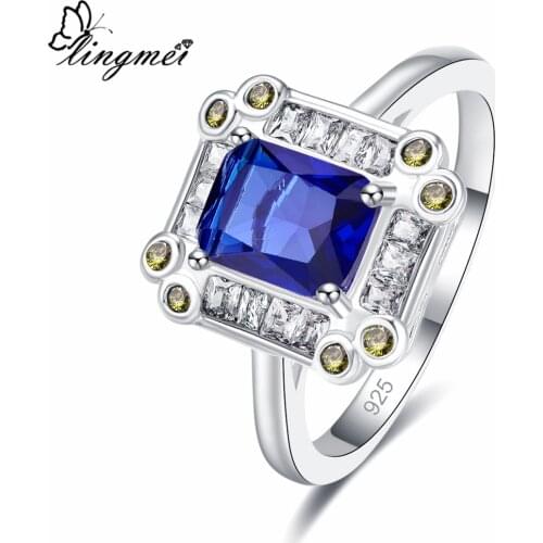 Lingmei Graceful Goodly Fashion Wedding Band Jewelry Blue Zircon Silver Color Ring for Men Size 6-9 Vintage Wholesale Ring