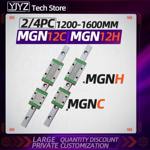 MGN12 L 1200 1250-1600mm miniature linear rail slide 2pcs MGN linear guide+2pc/4pc MGN12C/12H carriage, for CNC 3D Printer