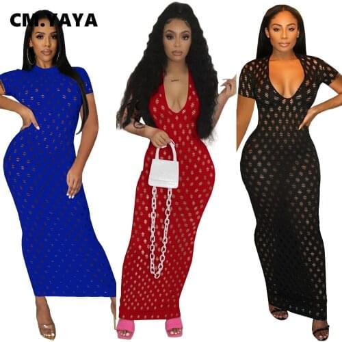 CM.YAYA Gauze Hollow Out Bodycon Midi MaxiWomen Dress Zipper Up Bandage Pencil Short Sleeve Sexy Party Long Dresses Outfits
