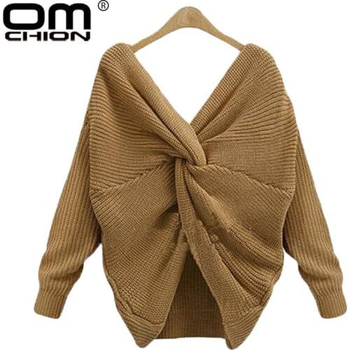 OMCHION Pull Femme 2018 Deep V Neck Tie Up Sweater Women Backless Sexy Cross Solid Pullover Loose Irregular Knitted Jumper WMY91