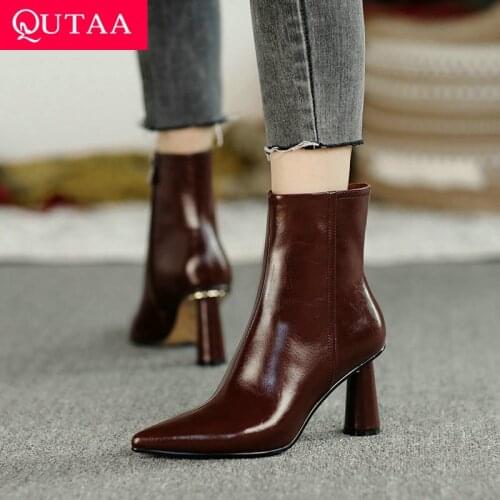QUTAA 2022 Genuine Leather High Heel Shoes Winter Fashion Zipper Women Ankle Boots Sexy Pointed Toe Winter Boot Size 34-39