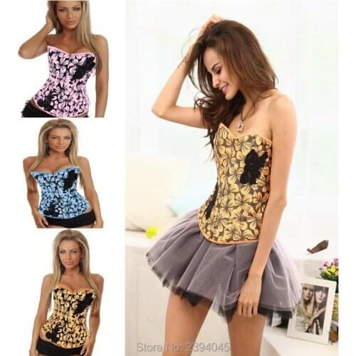 Pink/Yellow/Blue Multicolored Vintage Print Denim Burlesque Corset Women Corpete Corseletes Espartilhos Sexy Bustier Korsett