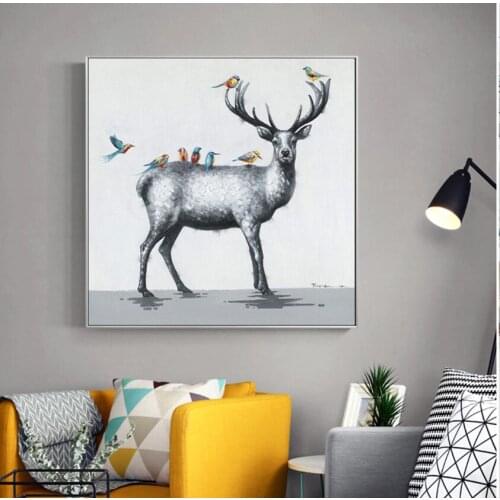 Handmade wall oil painting of lovely deer and cartoon cute bird animal oil paintings for living room decoration