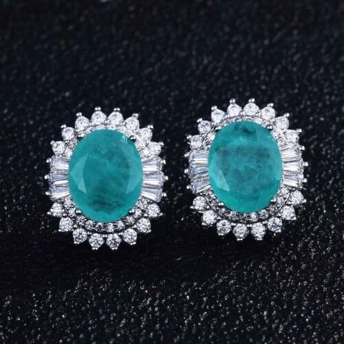 Exquisite Oval Stud Earrings Inlay Unique Paraiba Stone Classic Vintage Jewelry For Women Wedding Engagement Anniversary Gifts
