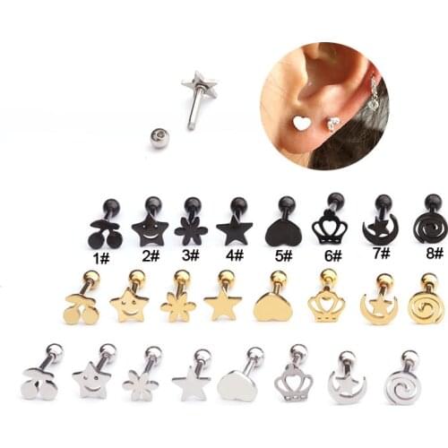 1Pc Stainless Steel Small Cartilage Stud Earring Star Moon Flower Crown Cherry Heart Tragus Ear Helix Piercing Jewelry Gifts
