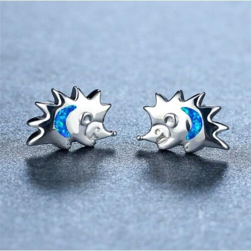 Cute Female Blue White Opal Stone Earrings Charm Hedgehog Small Stud Earrings For Women Vintage Silver Color Wedding Earrings