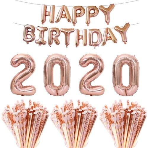 Number Balloon Rose gold paper straws Happy Birthday decorations Aluminum balloons banners kids baby shower supplies Girls Boys