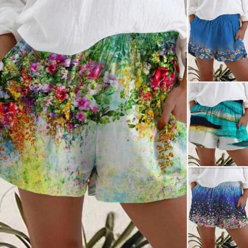 Fashion Print Shorts Summer Beach Loose Shorts Casual Women Floral Print Loose Thin Elastic Waist Pocket Shorts for Daily Wear