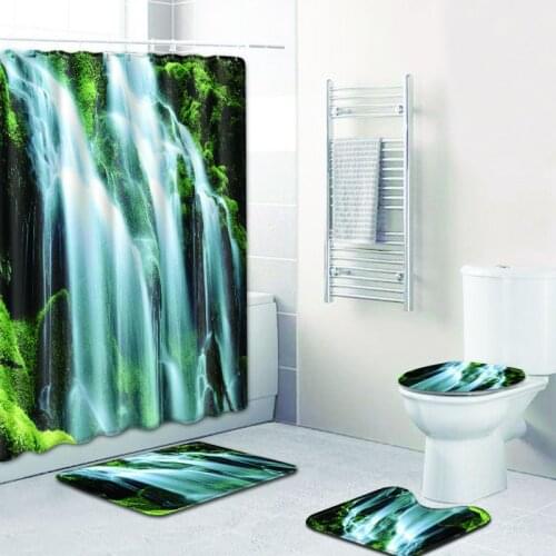 3D printed Waterfall Scenery Waterproof Shower Curtain Bathroom Landscape Tree Flower Bath Mat Set Pedestal Rug Lid Toilet Cover