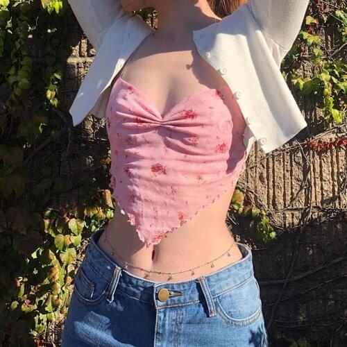 Y2K Streetwear Floral Pink Halter Tank Tops 2000s Fashion Kawaii Ruched Sleeveless Crop Tops Cute Aesthetics Outfit Slim