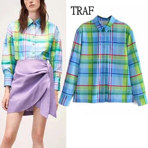 TRAF Za Woman Shirts 2021 Fashion Plaid Shirt Office Lady Long Sleeve Loose Oversized Blouses Women Korean Style Blusas Chic Top