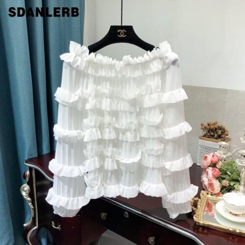 Vacation Style Ruffled Lacework Shirt Off-Neck Long Sleeve Blouse 2021 Spring Off-Shoulder Loose Women Chiffon Tops Blusas