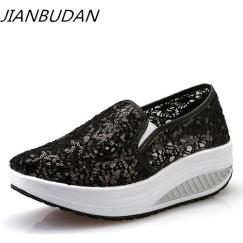 JIANBUDAN 2020 summer new sequins net yarn shoes breathable swing shoes womens platform wedge sandals casual woman pumps 35-40