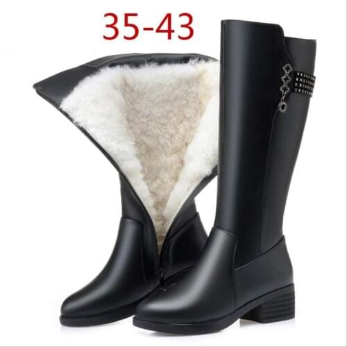 D399 Women Winter Boots Genuine Leather Female boots high-heeled women long boots wool lined warm snow boots Lady Fashion shoes