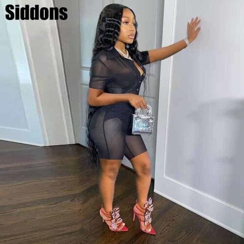 Women Sexy Mesh Sheer Turn Down Collar Short Sleeve Slim Blouse and Biker Shorts Sets See Through Solid Fitness 2 Two Piece Set