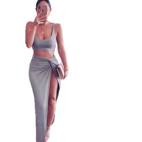 2021 Summer Fashion Clothing Suit Women Crop Top Vest and Dress Two Piece Set Irregular Spilt Sexy Dresses Solid Beach Swimsuit