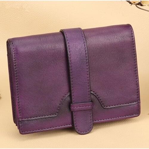 Retro ladies handmade first layer cowhide Women short wallet female leather small purses card bag thin anti-theft brush