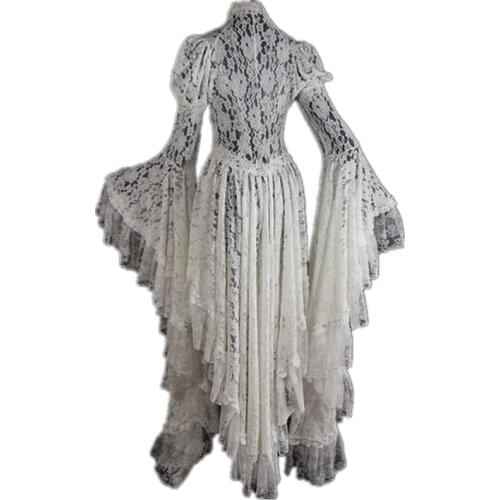 Women Retro Vintage Solid Lace Medieval Cardigan Cosplay Elegant Long Tail Pleated Outwear Victorian Ball Gown Plus Size