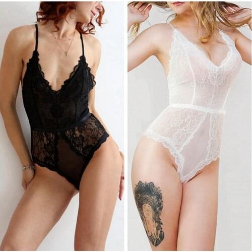 S-3XL Plus Size Womens Sexy Crisscross Deep V Neck Lace Bodysuit Lingerie