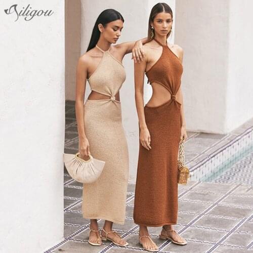 Ailigou 2021 Summer Trendy WomenS Fashion Waist Hollow Design Sexy V-Neck Open Back Celebrity Party Club Bandage Long Dress
