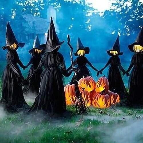 1.7m Light-up Witches With Stakes Halloween Decorations Outdoor Holding Hands Screaming Witches Sound Activated Sensor Decor