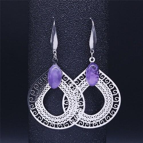 Bohemian Water Drop Purple Crystal Stainless Steel Earrings Women Silver Color Drop Earring Jewelry aros mujer oreja EXS04