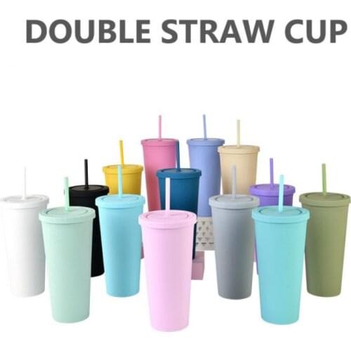 24OZ Double Layer Water Bottle With Straws Lid Non-toxic Reusable Personalized Drinkware Coffee Drinking Cup 15 Colors