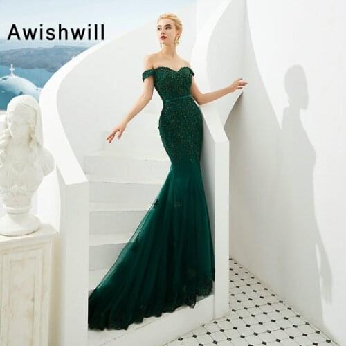 Elegant Long Evening Dress Off The Shoulder Hunter Green Beaded Appliques Tulle Sexy Mermaid Formal Dress Evening Gown
