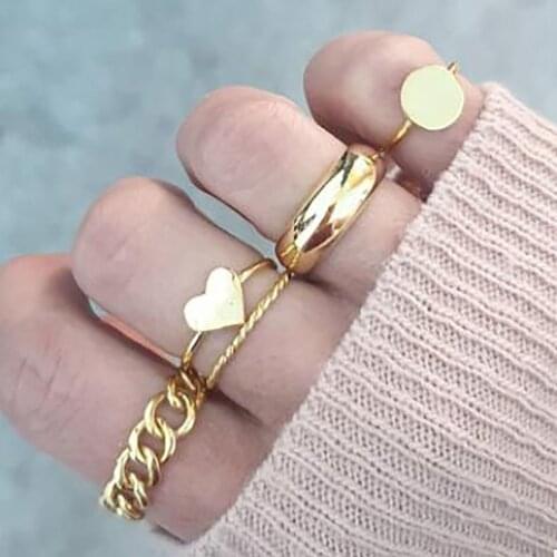 Boho Geometric Round Ring Set Womens Retro Fashion Glamour Golden Heart-Shaped Opening Rings Girl Jewelry Gift Accessories