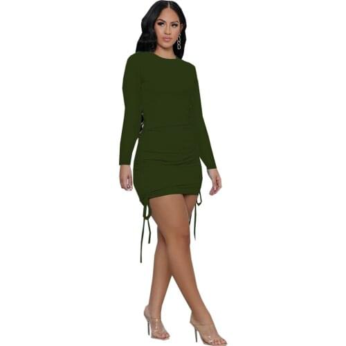 2021 Fashion Women Autumn Solid O Neck Sexy Pleated Drawstring Slim Long Sleeve Mini Dress for Women Lounge Wear Clothes