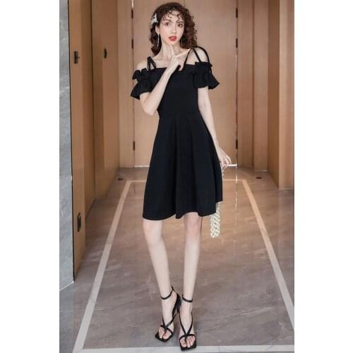 Fashion Women casual high waist A line Midi Strap Dress Ladies Summer Holiday Party Sundress Female summer Black dress vestidos