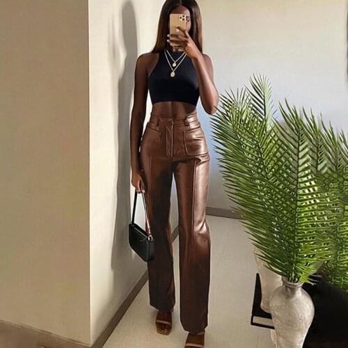 2021 Fashion PU Leather Pants High Waist Straight Pants with Pockets Solid Color Casual Vintage Trousers Female