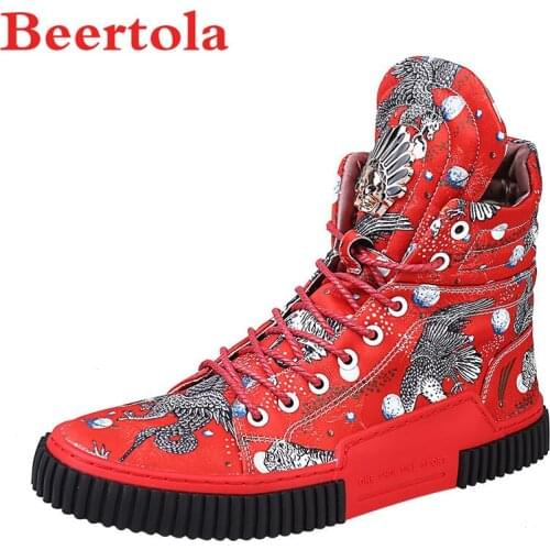 Silky Fabric Mens Boots Eagle Letter Facebook Print Round Toe Lace Up Graffiti Botas Hombre Metal Decor Hip Hop Style Chaussure