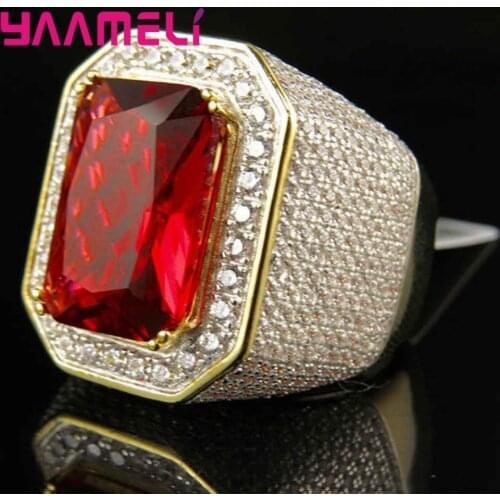 Gold Color Full Crystal Micro Paved Rings for Men 925 Sterling Silver Hip Hop Bling Bling Princess Out Square Charm Cool Jewelry