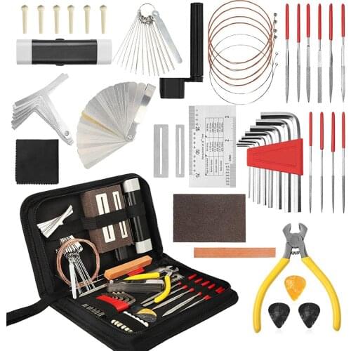 57pcs/set Guitar Repair Tools Kit Needle Files Bridge Pins Ruler Gaug Hex Wrench Setup Kit with Carry Bag Guitar Care Tool Kit