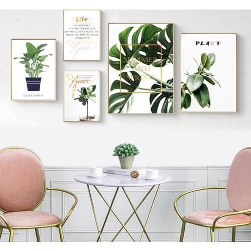 Green Plant Leaf Nordic Poster Wall Art Canvas Painting Quotes Decorative Wall Pictures for Living Room Scandinavian Home Decor
