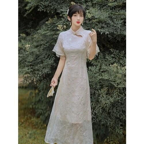 2021 Summer New Womens Chinese Style Retro Art Beaded Tassels Thin Young Cheongsam Style Mid-length Dress Embroidered Dress