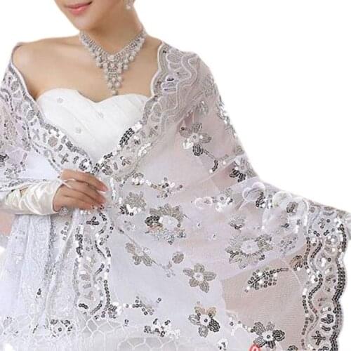 New Bride Wedding Dress Women Cheongsam Shawl White Lace Embroidered Sequins Long Shawls AXYD
