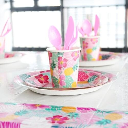 Girl birthday party paper disposable tableware Pink flower printing Summer tropical party hawaii wedding table decoration