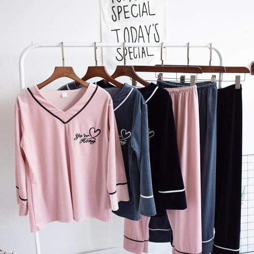 Autumn/Winter Love Embroidery Velvet Pajama Ladies Solid Pullover Long Sleeved Trousers Sleepwear Can Wear Outside Blue Gray