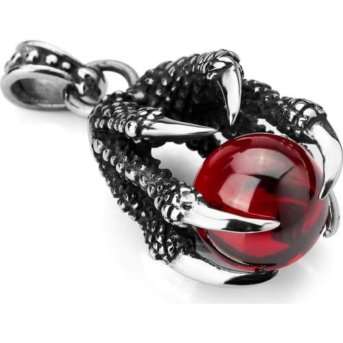 Stainless Steel Pendant Necklace CZ Red Dragon Claws Bead Gothic Men ,23 inch Chain