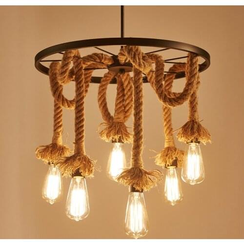 Industry 6 Heads Loft Chandelier Edison E27 Lights Hemp Rope Pendant Lamp Bar Restaurant Cafe Dining Room Living Room Droplight