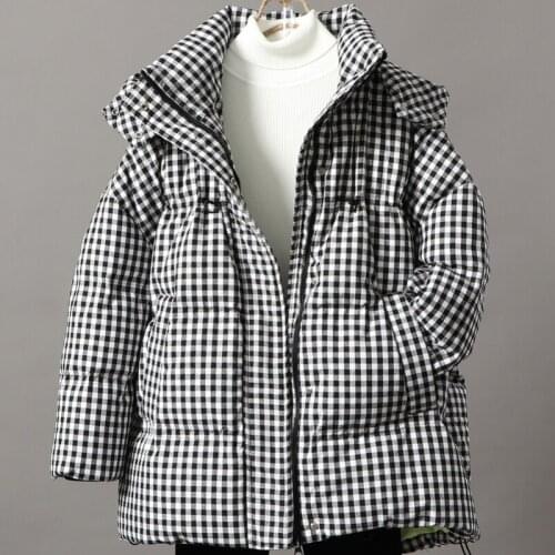 Down jacket women black and white square plaid thick mid-length loose hooded small white duck down jacket